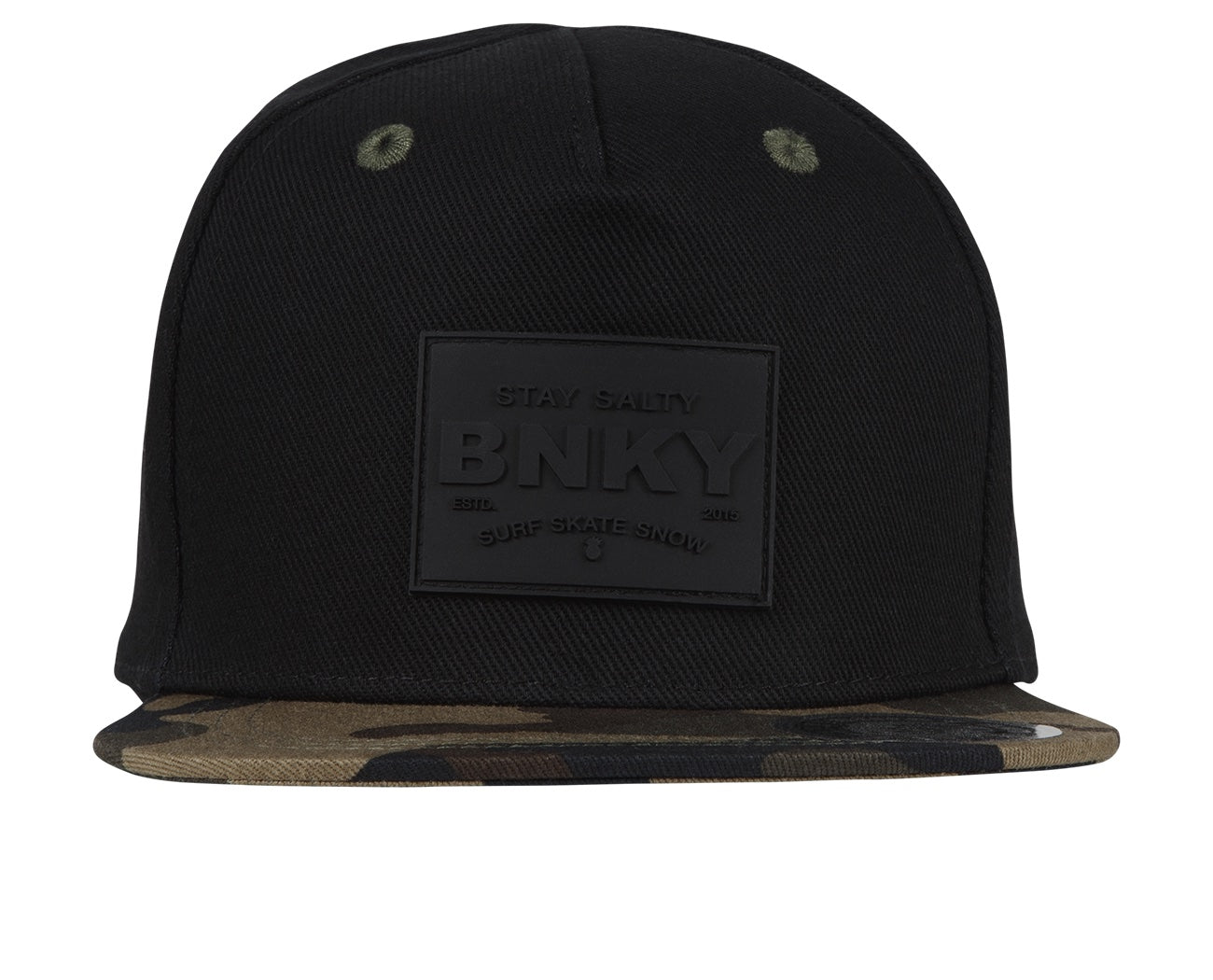 Stylish black snapback hat with a camouflage brim and a "Stay Salty" BNKY patch, perfect for kids' surf and skate lifestyle.