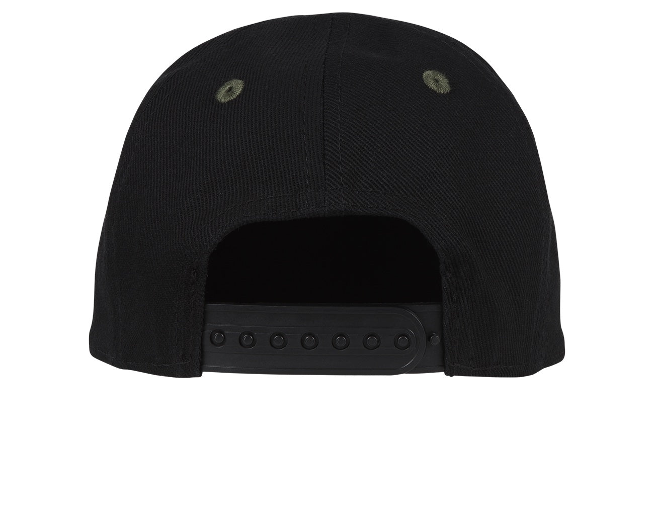 Back view of a black snapback hat featuring a flat brim and adjustable strap, designed for a stylish, casual look.