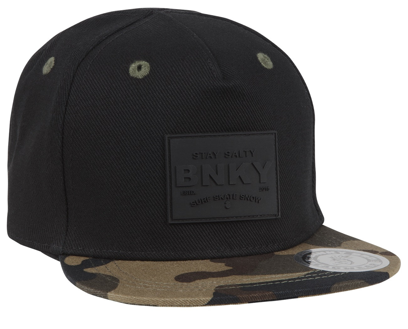 Stylish black snapback hat with a camo brim and a BNKY logo patch, perfect for kids embracing a surf and skate lifestyle.