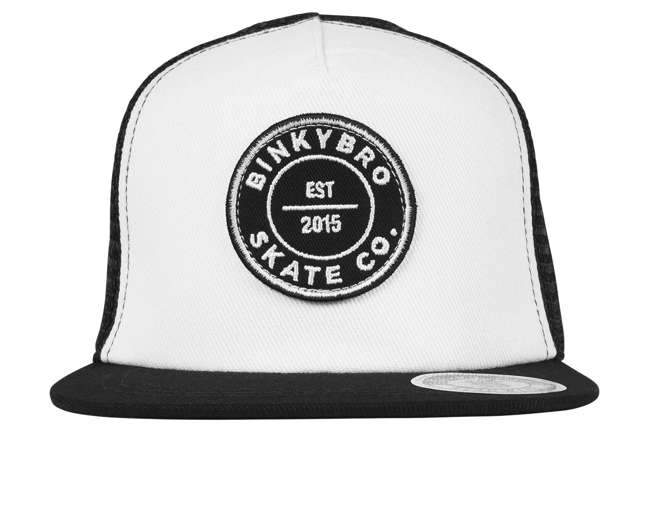 Stylish black and white snapback hat featuring a circular BinkyBro Skate Co. logo, perfect for kids' surf-snow-skate style.