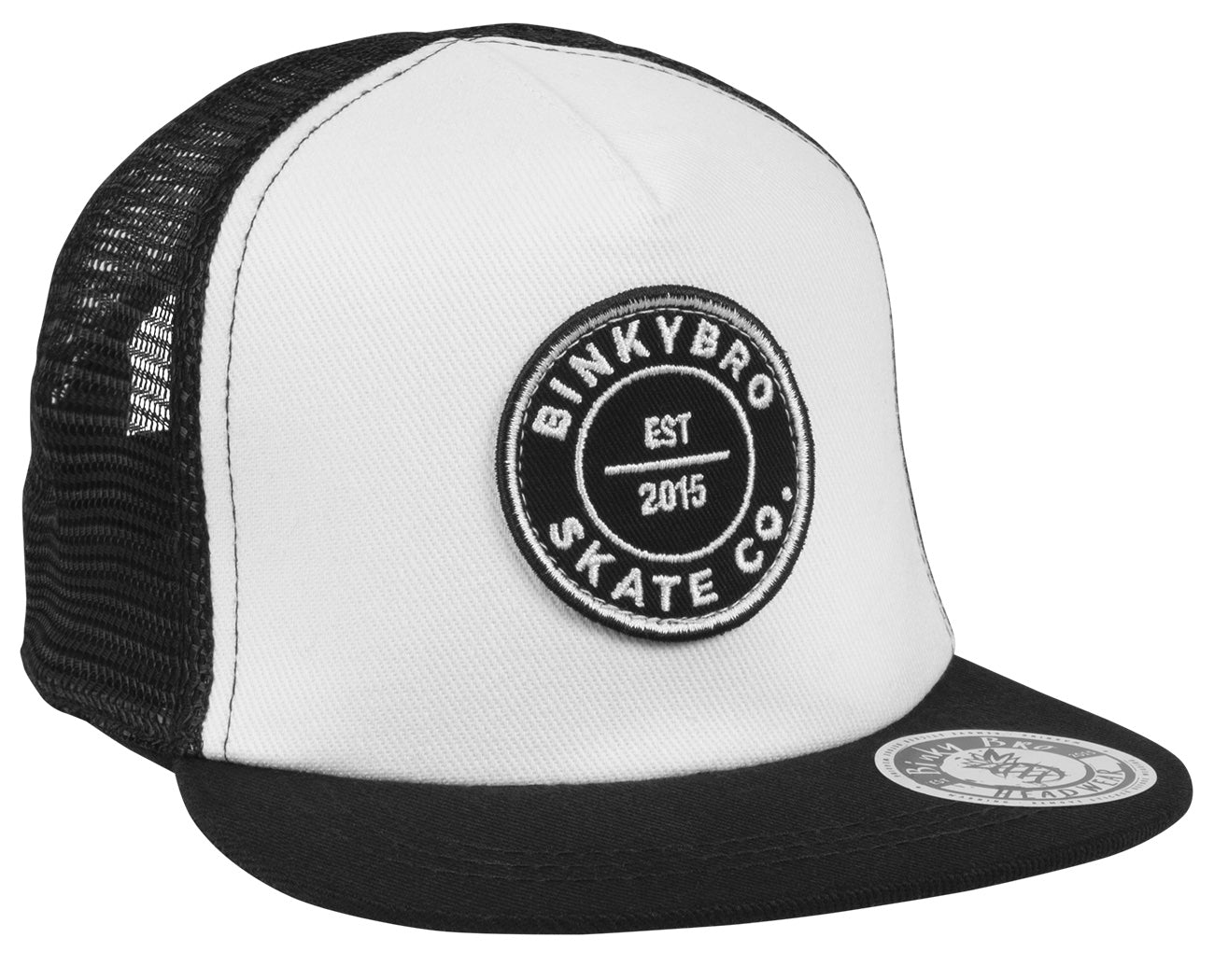 Stylish black and white snapback cap with a round logo, perfect for kids embracing a surf-snow-skate lifestyle.