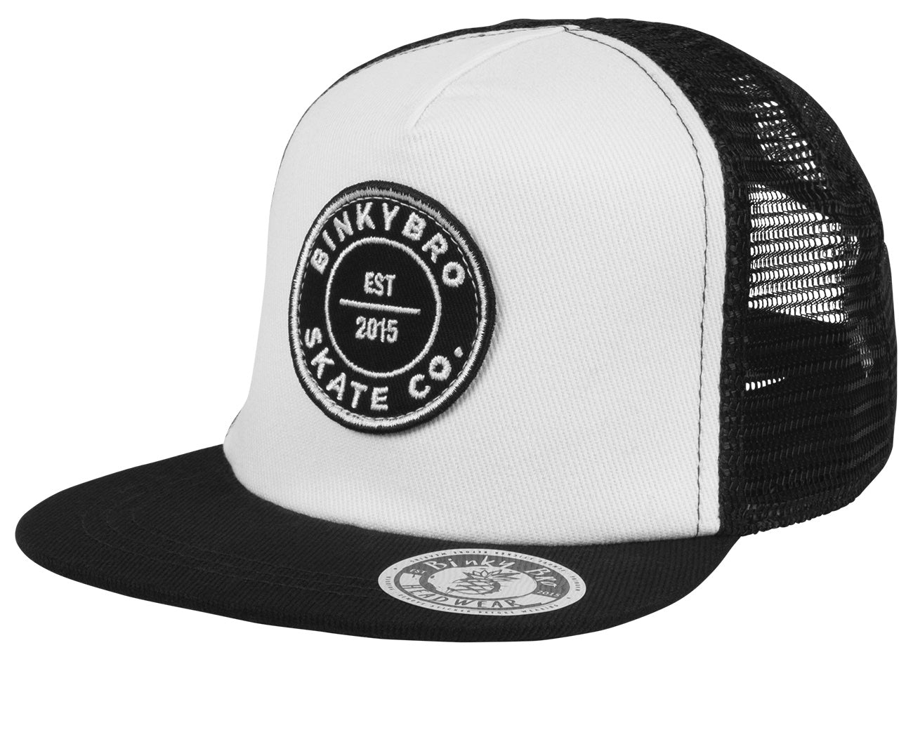 Stylish black and white snapback hat with a circular logo, perfect for kids embracing a surf-snow-skate lifestyle.