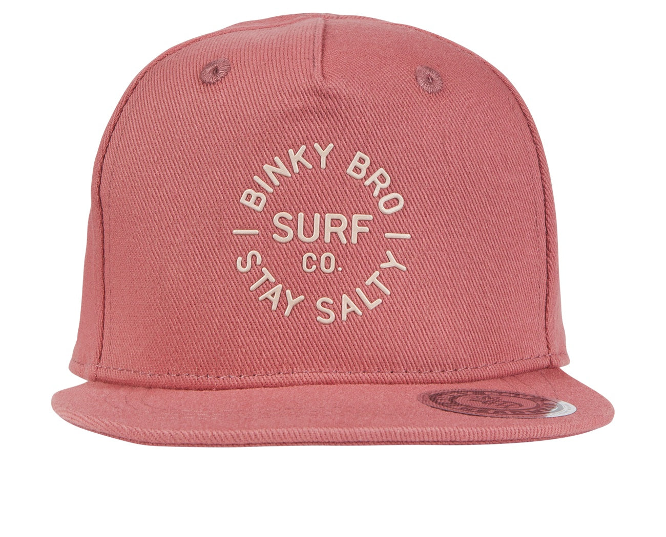 Stylish pink snapback hat from BinkyBro featuring "Stay Salty" text, perfect for kids embracing a surf lifestyle.