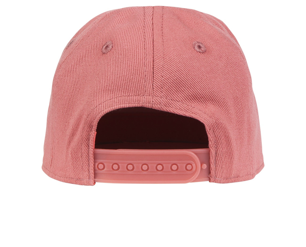 Back view of the Sunset Cliffs snapback hat in coral, featuring an adjustable strap for a comfortable fit.
