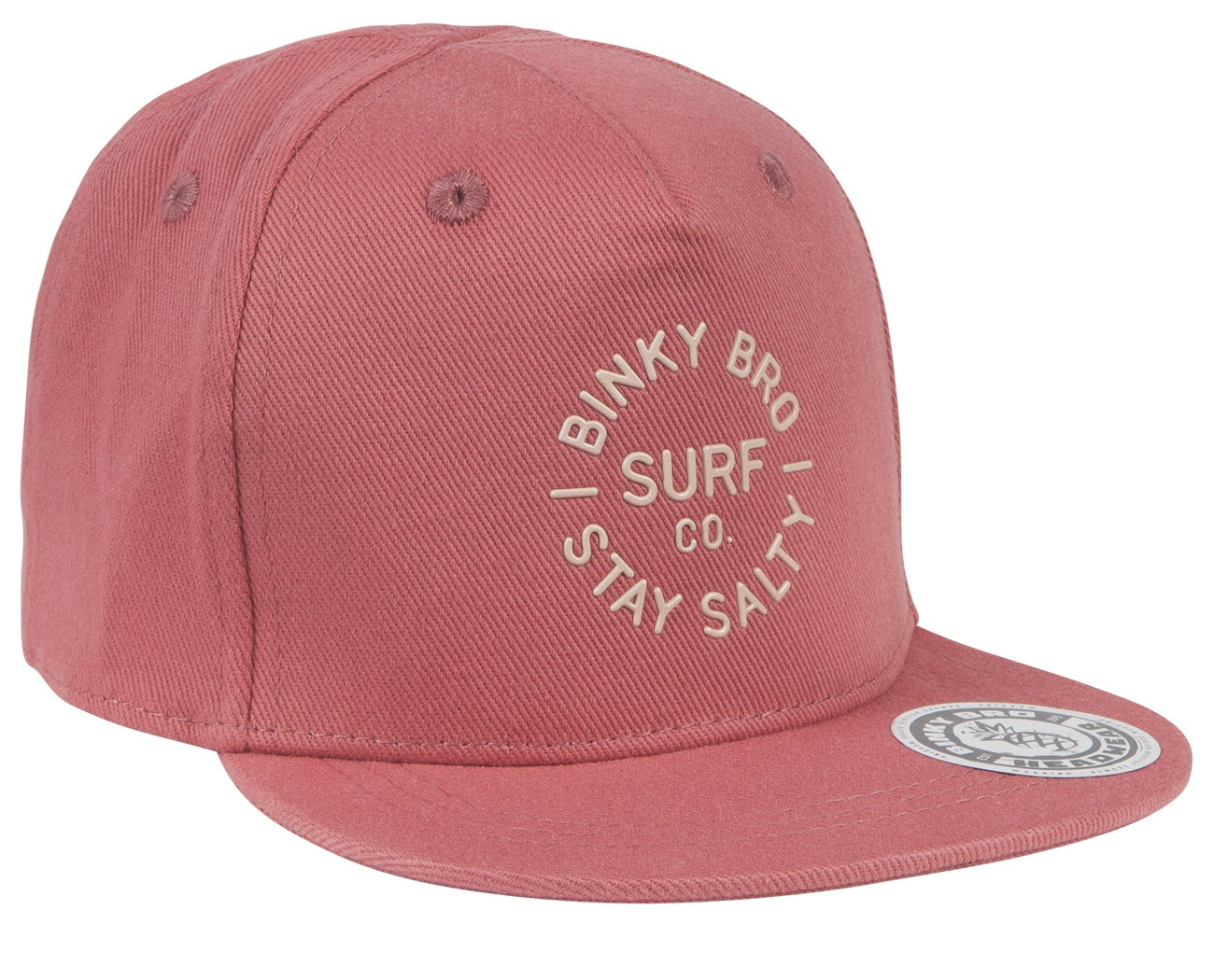 Stylish pink snapback hat with "Binky Bro Surf Co Stay Salty" logo, perfect for kids embracing a surf lifestyle.