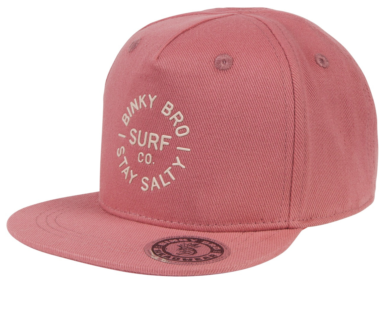 Stylish pink snapback cap with "Binky Bro Surf Co Stay Salty" logo, perfect for kids embracing a surf lifestyle.