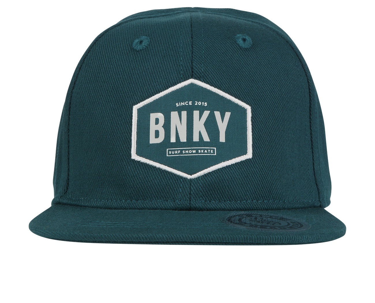 Stylish teal snapback hat with a hexagonal BNKY logo, designed for a surf-snow-skate lifestyle for kids.