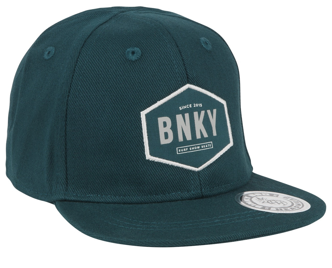 Stylish teal snapback hat featuring a hexagonal BNKY logo, perfect for surf-snow-skate enthusiasts. Ideal for kids.