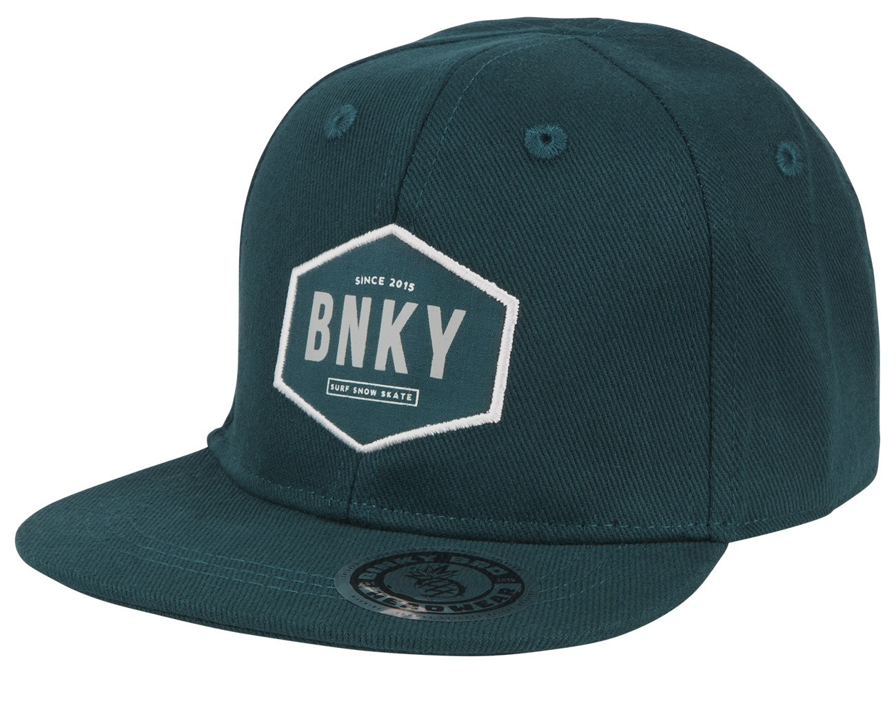 Stylish Pacifica snapback hat in teal with BNKY logo, perfect for infants and toddlers embracing surf-snow-skate culture.