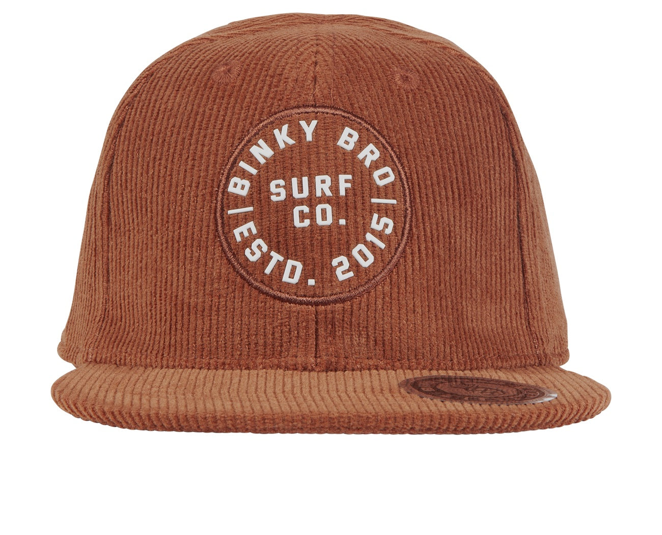 Rust-colored corduroy snapback hat featuring a circular logo with "Binky Bro Surf Co. Est. 2015" text.