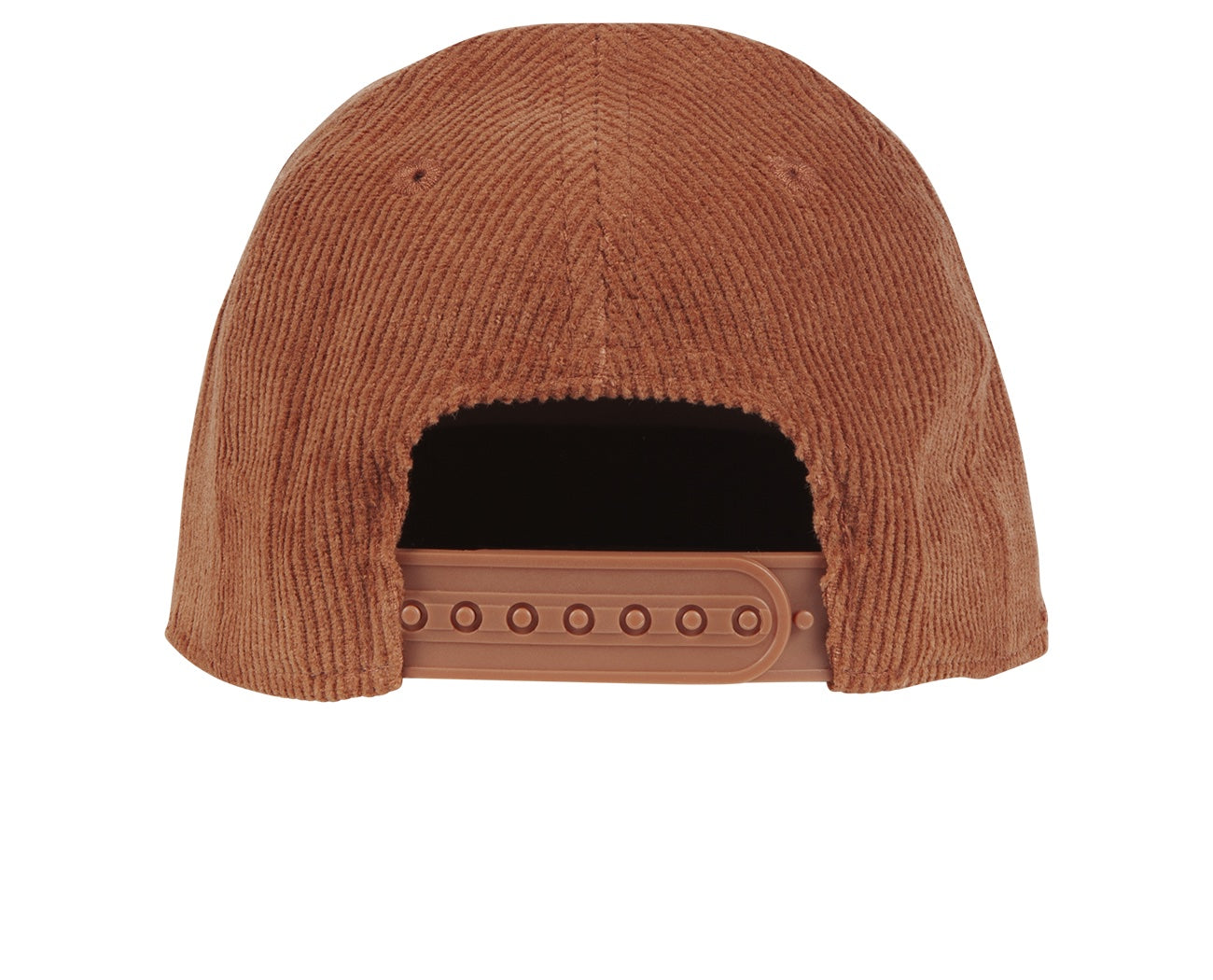 Brown corduroy snapback hat featuring an adjustable strap at the back for a comfortable fit.