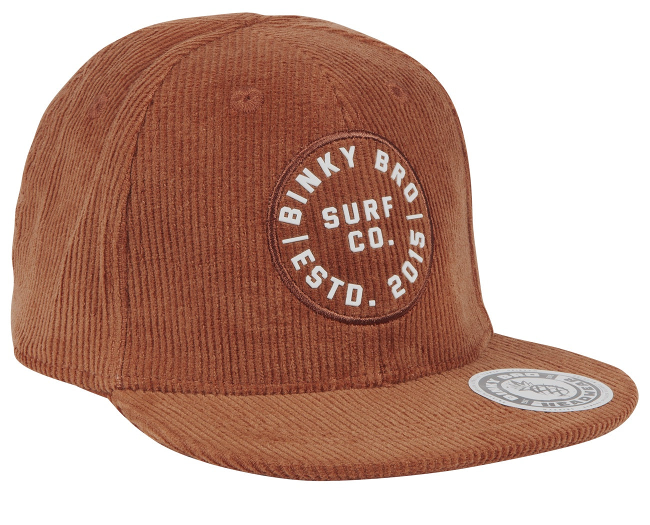 Rust-colored corduroy snapback hat featuring a circular logo with "Binky Bro Surf Co" and "ESTD 2015." Ideal for kids.