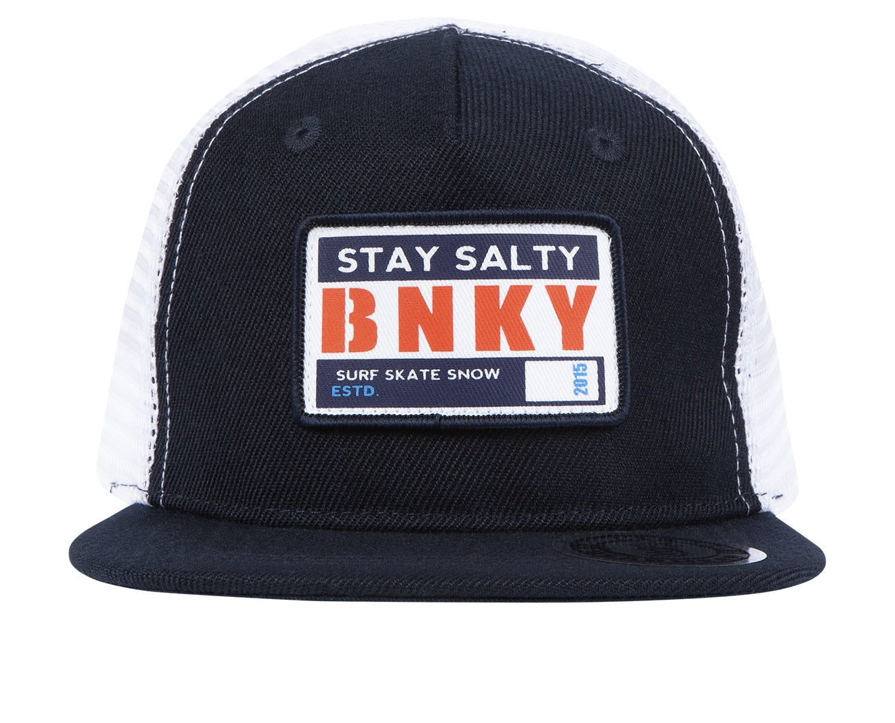 Stylish black and white snapback hat featuring a "Stay Salty" patch, perfect for surf, skate, and snow adventures.