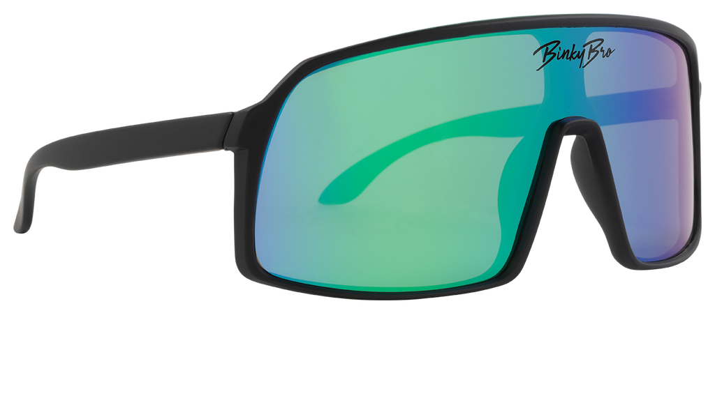 Our Monteverde Saline sunglasses have black rims with a green and purple colored reflective lens. Our BinkyBro signature logo is present on the top-middle of the lens. Size fits best for kids in the 18 months - 5 year range.
