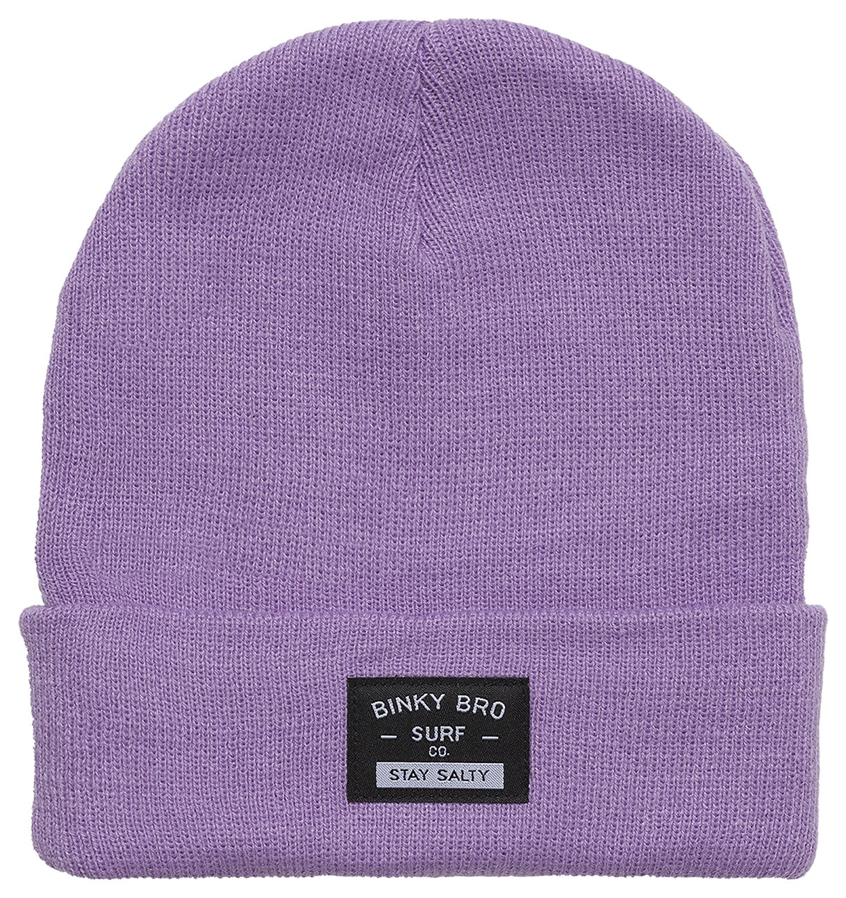 Lavender beanie hat from BinkyBro featuring a fold-over cuff and a black logo patch, perfect for stylish kids.