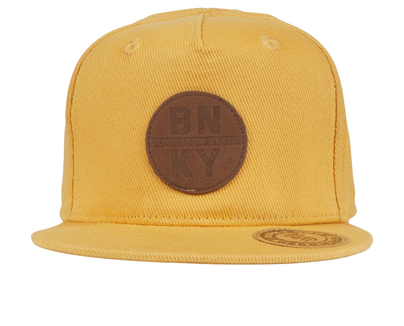 Stylish yellow snapback hat featuring a round leather patch with BNKY logo, perfect for kids embracing surf-snow-skate culture.