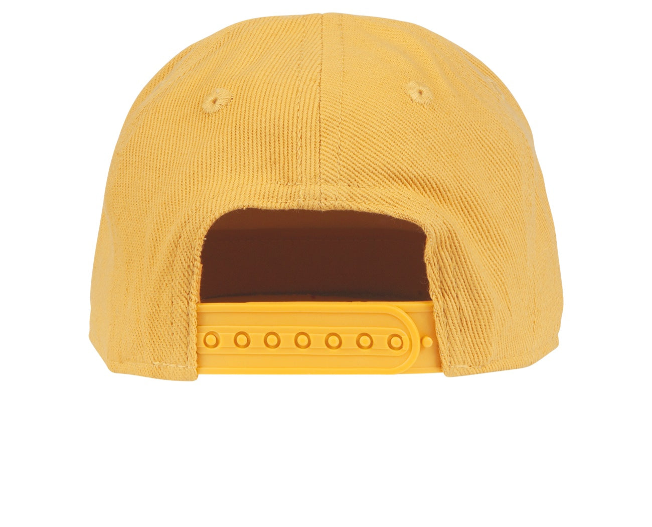 Back view of a yellow snapback hat featuring an adjustable strap and textured fabric, designed for kids.