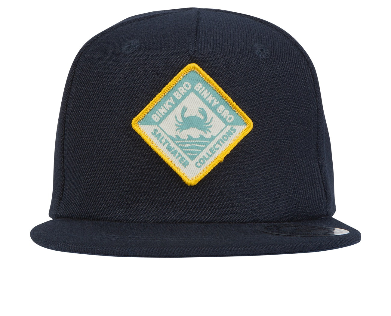 Navy snapback hat featuring a yellow diamond patch with a crab design, perfect for stylish kids who love outdoor adventures.