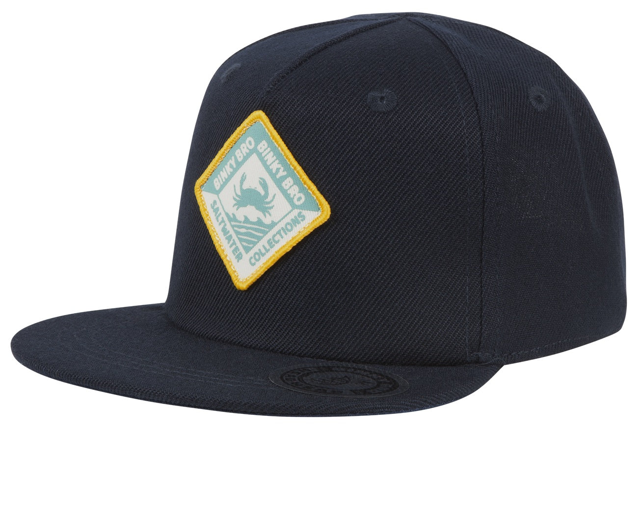 Stylish navy snapback hat featuring a yellow diamond patch with a wave design, perfect for kids' outdoor adventures.