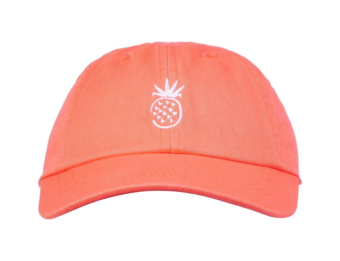 Coral cap featuring a white embroidered pineapple design, perfect for stylish kids and a fun summer look.