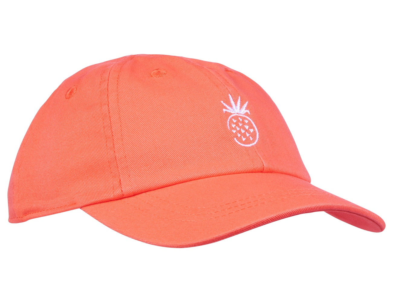 Coral snapback hat featuring a white embroidered pineapple design, perfect for stylish kids and a fun summer look.