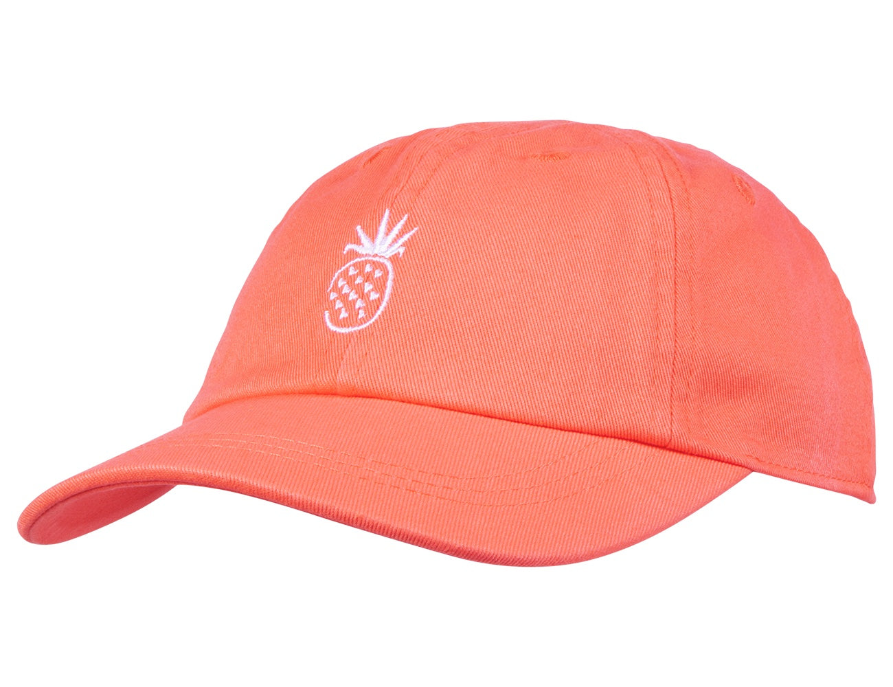 Bright coral snapback hat featuring a white embroidered pineapple design, perfect for stylish kids and toddlers.