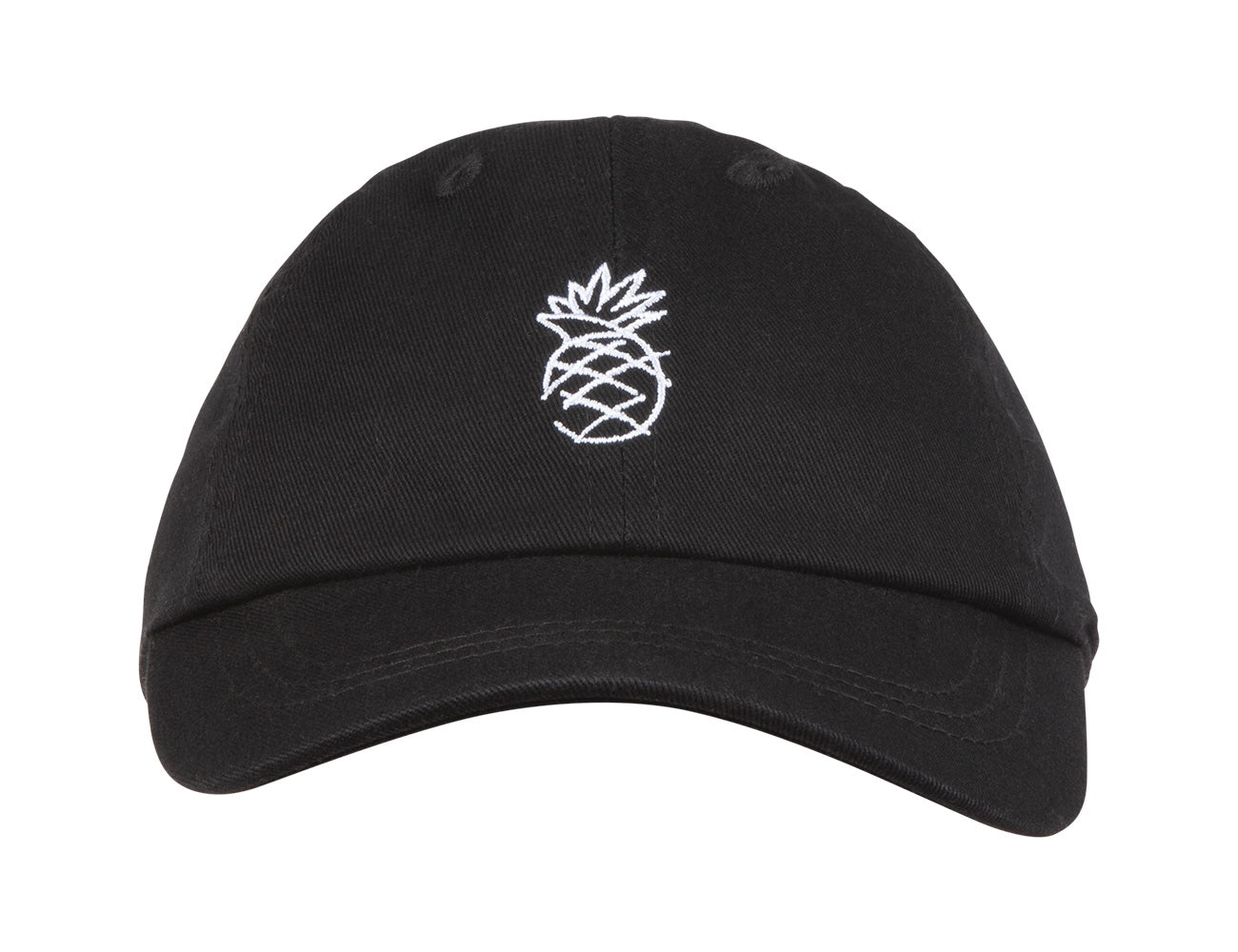 Black snapback hat featuring a white embroidered pineapple design, perfect for stylish kids and a surf-snow-skate lifestyle.