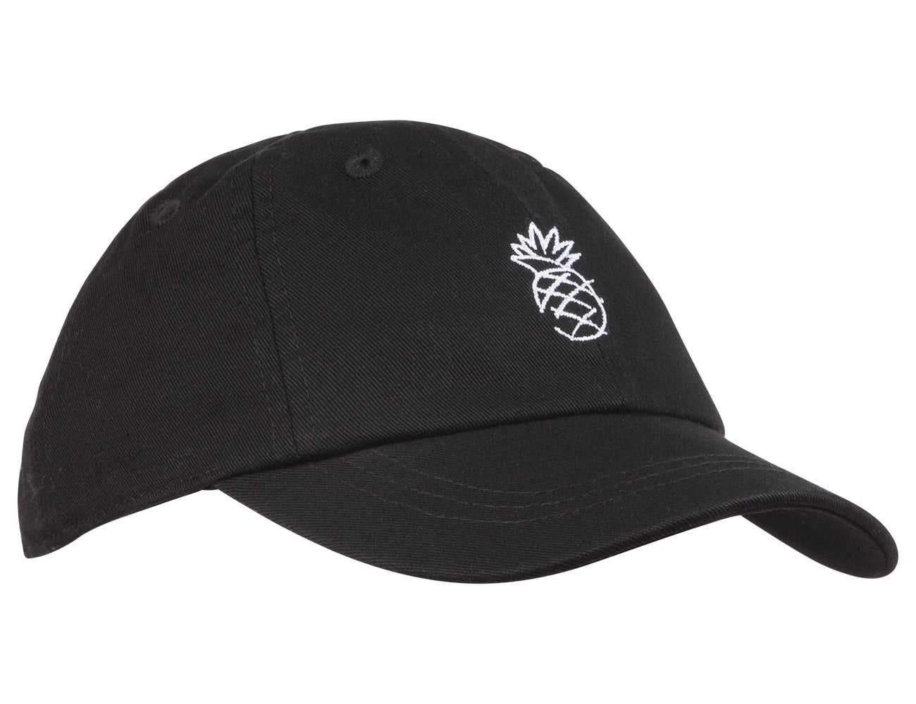 Black baseball cap featuring a white embroidered pineapple design, perfect for stylish sun protection for kids.