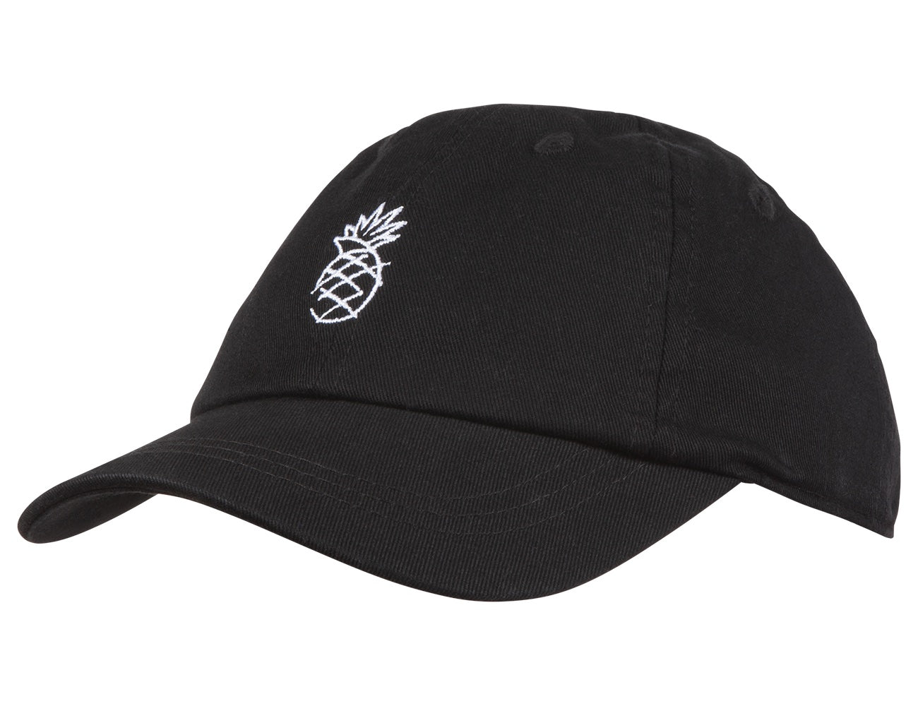 Stylish black cap featuring a white embroidered pineapple design, perfect for kids and young trendsetters.