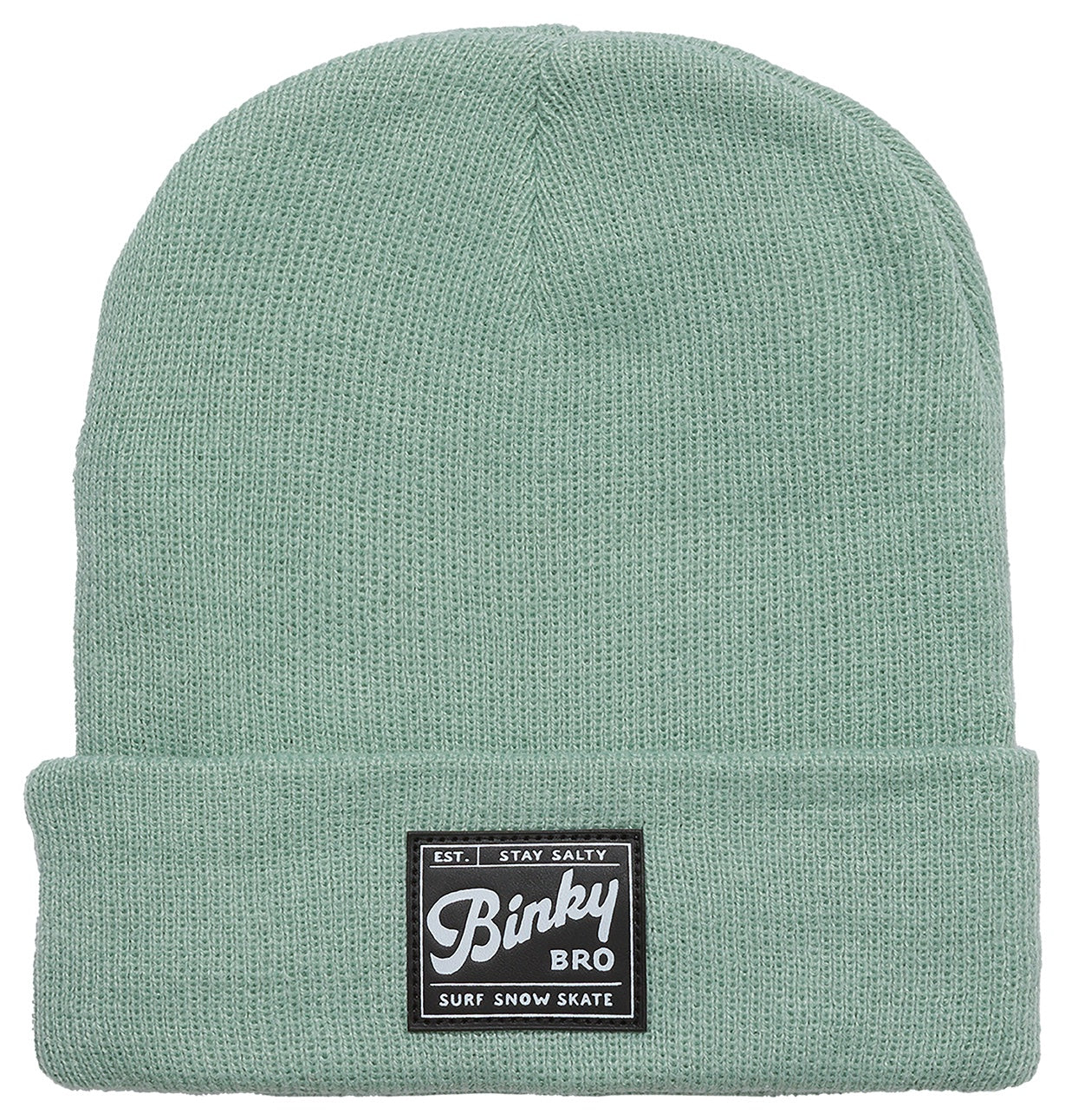 Seafoam green knit beanie with a folded cuff and BinkyBro logo, perfect for stylish infants and toddlers.