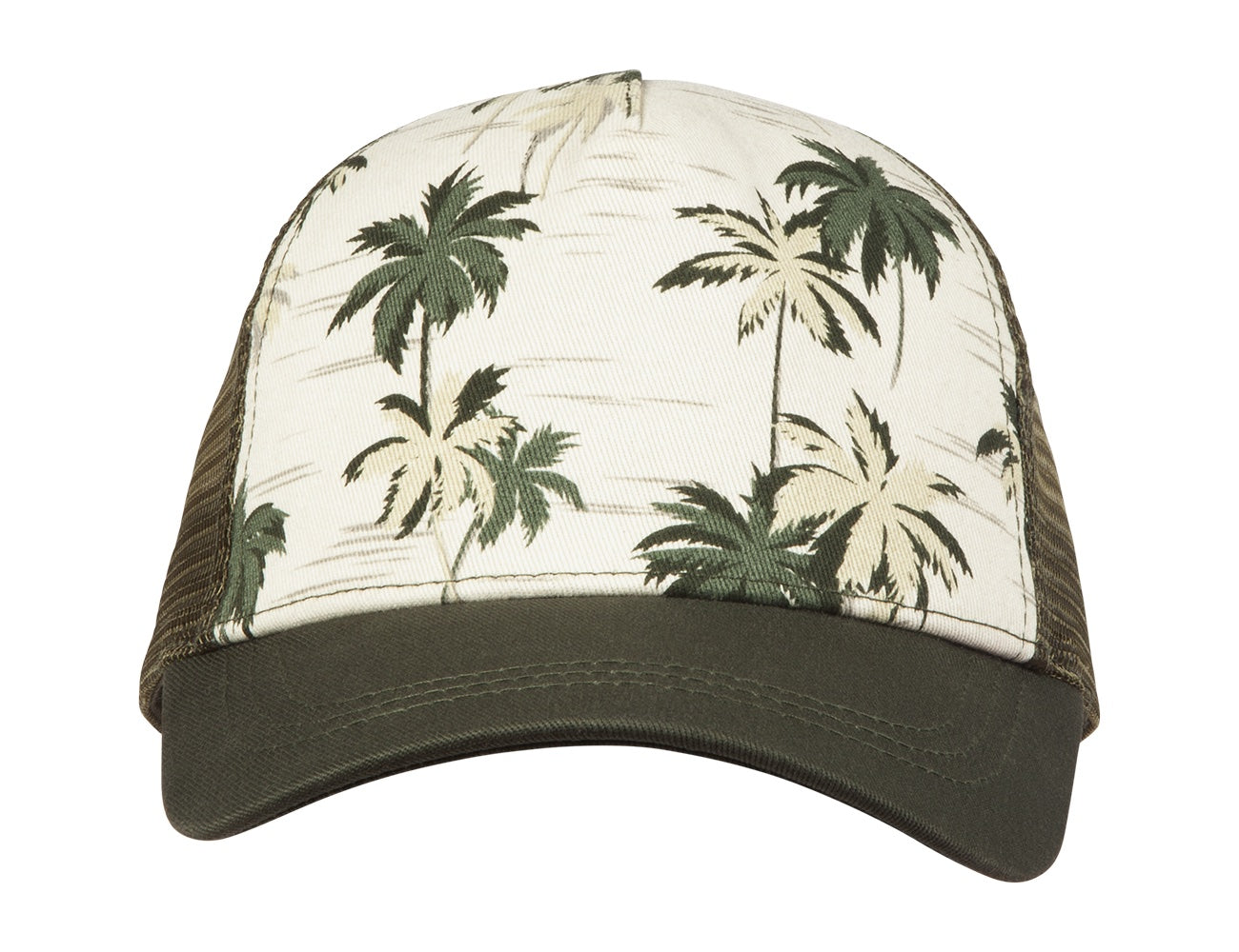 Stylish palm-patterned snapback cap with a green mesh back, perfect for kids embracing a surf-snow-skate lifestyle.