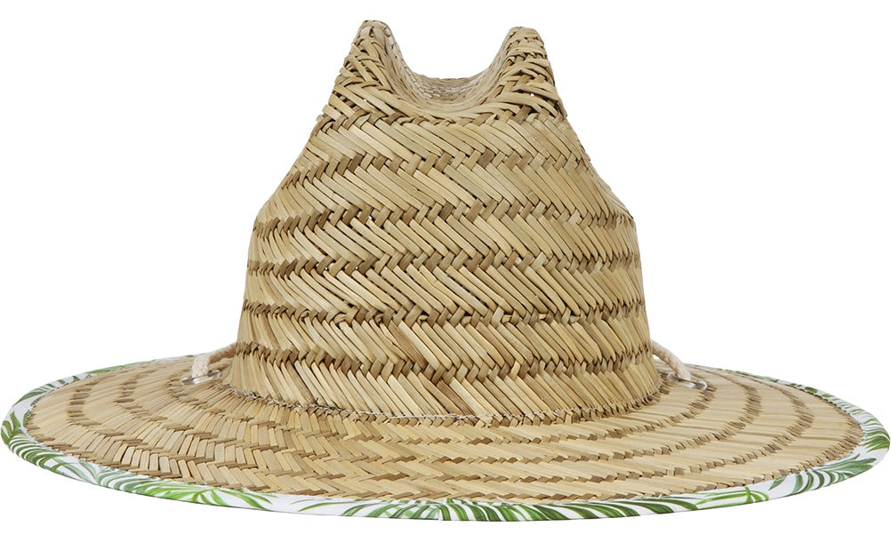 Stylish straw sun hat with a wide brim and tropical print, perfect for infants and toddlers enjoying outdoor adventures.