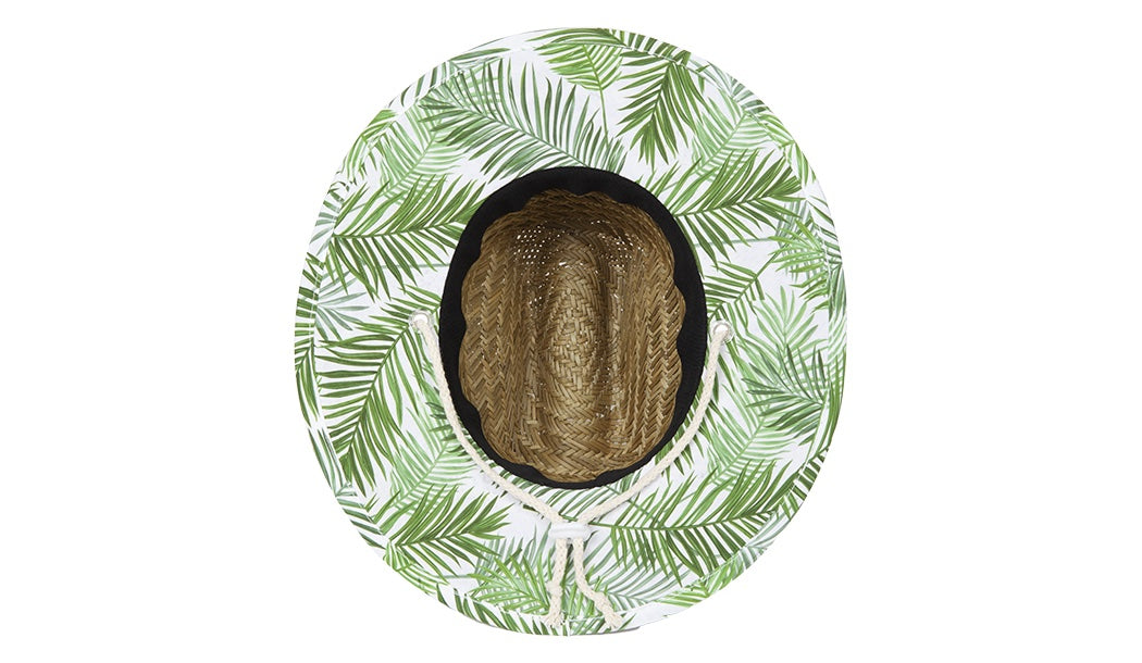 Stylish moss-colored sun hat featuring a tropical leaf pattern, perfect for infants and toddlers enjoying outdoor adventures.