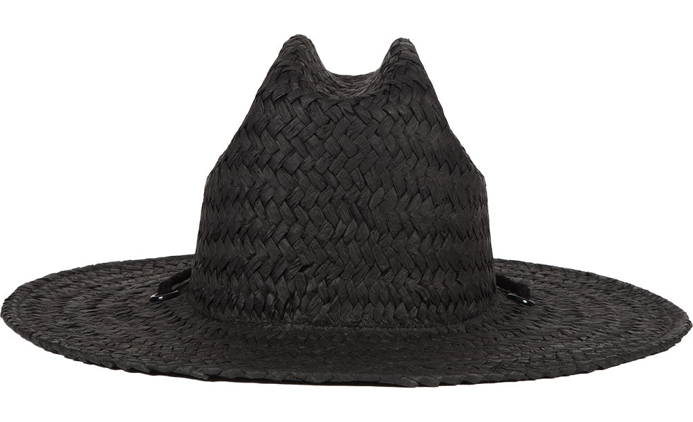 Stylish black straw sun hat with a wide brim and unique peak design, perfect for kids' outdoor adventures.
