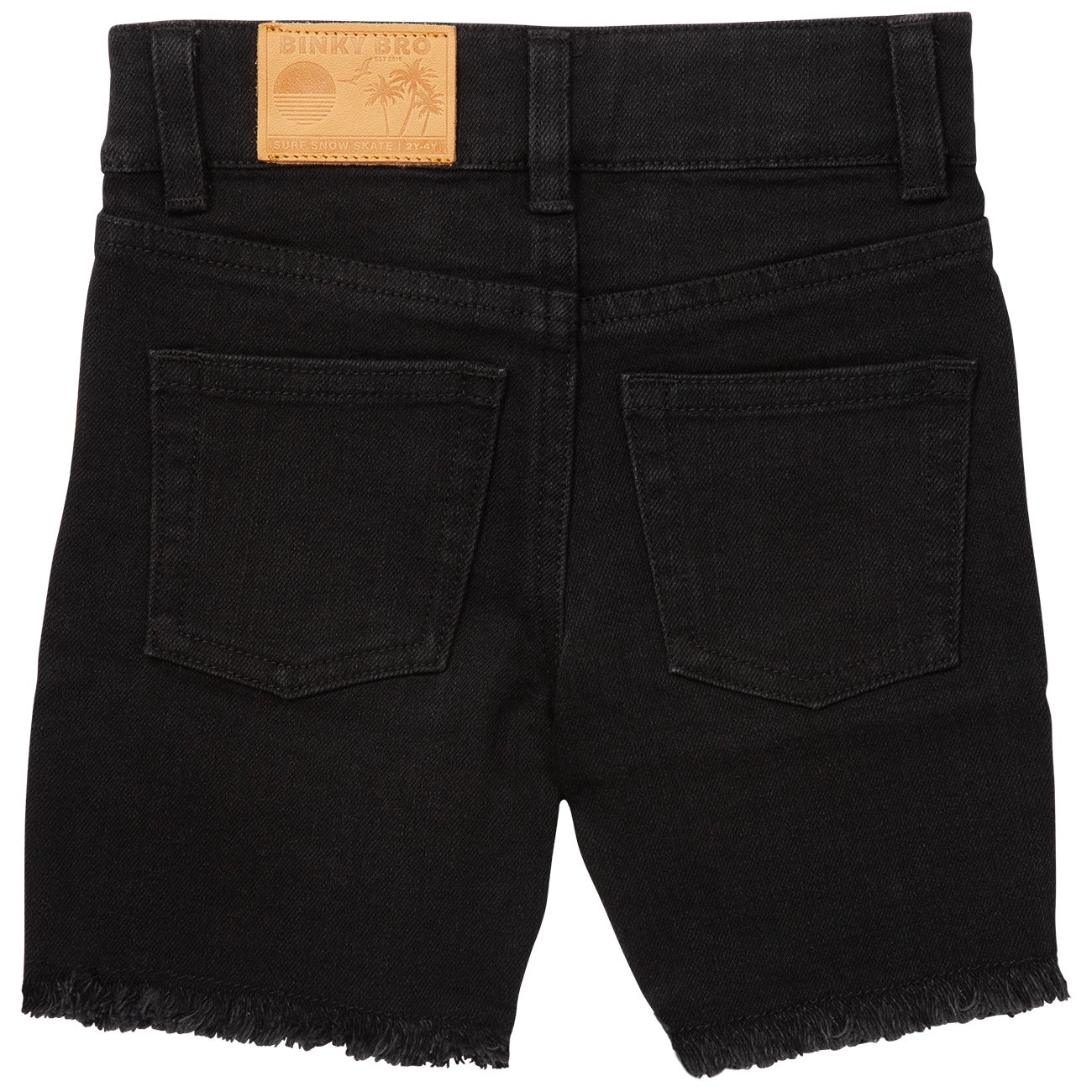 Black Waco shorts featuring a frayed hem and a leather patch on the back waistband, designed for stylish kids.