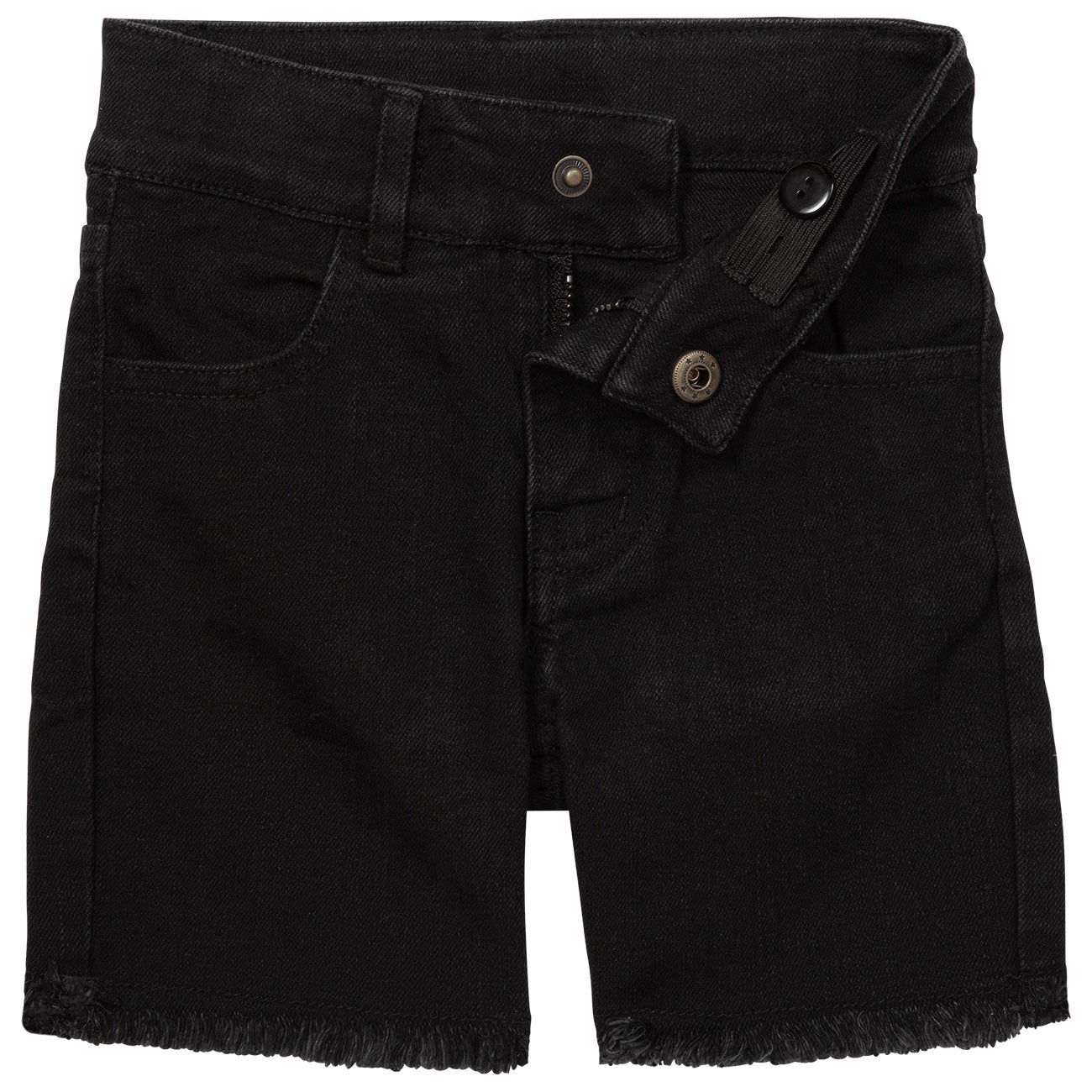 Black Waco shorts featuring a frayed hem, button closure, and classic five-pocket design for stylish youth wear.