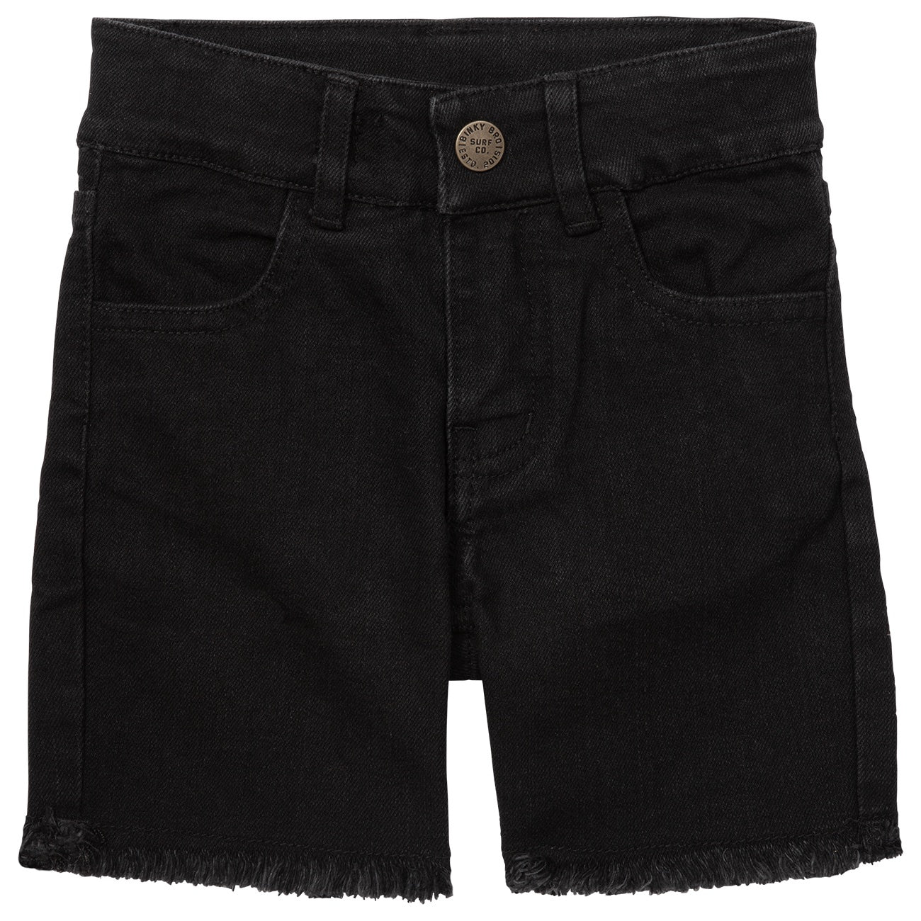 Black denim shorts for kids featuring a frayed hem and classic five-pocket styling, perfect for summer adventures.