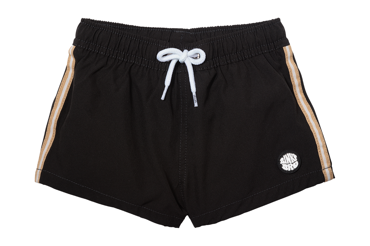 Black swim shorts for kids featuring a drawstring waist and stylish side stripes, perfect for beach or pool days.