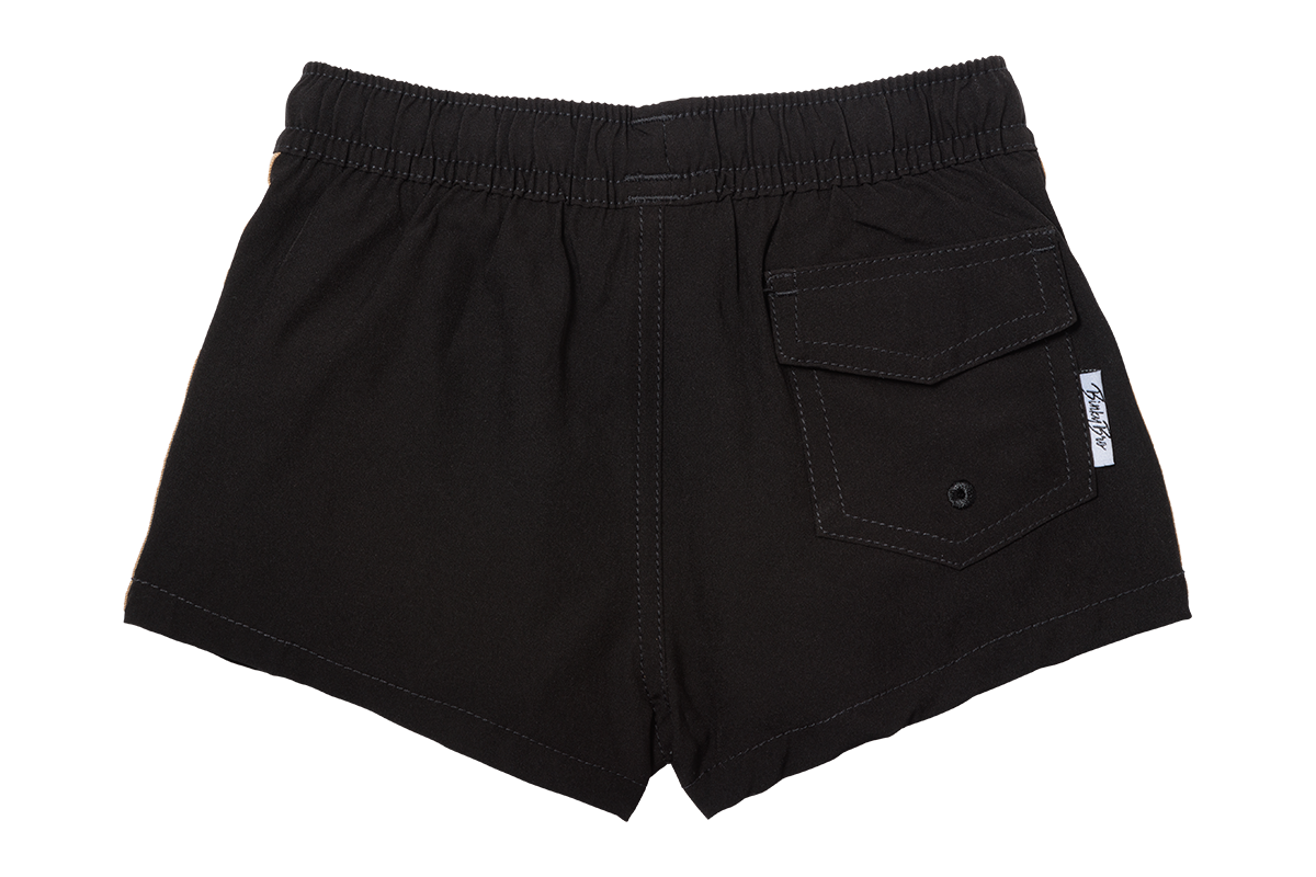 Black swim shorts for kids featuring an elastic waistband and a back pocket, perfect for beach or pool days.