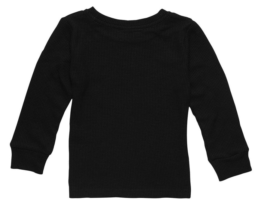Black long-sleeve thermal shirt for kids, featuring a textured fabric and comfortable fit, perfect for layering.