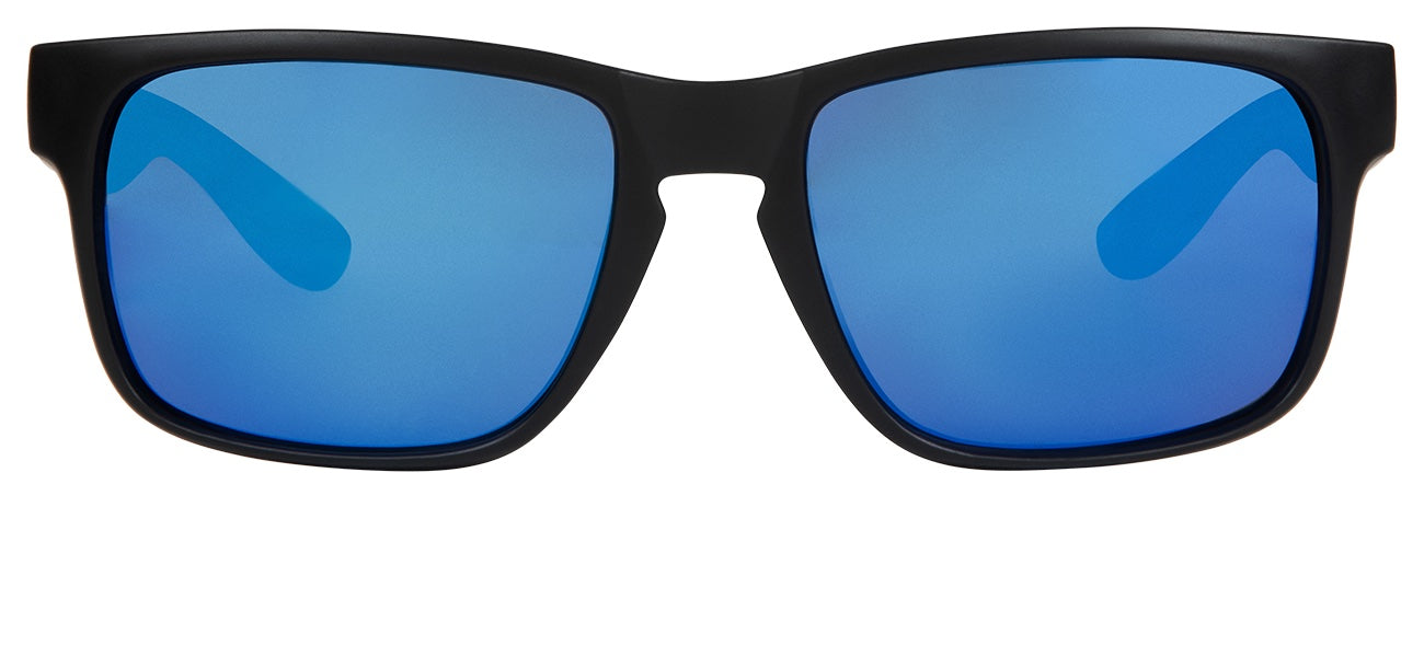 Stylish black sunglasses with blue mirrored lenses, perfect for outdoor adventures and sunny days.