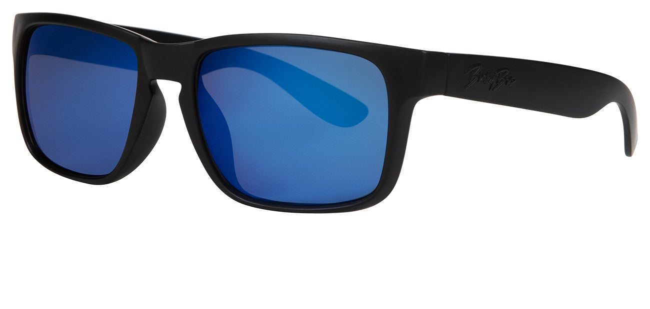 Stylish black sunglasses with blue mirrored lenses, perfect for outdoor adventures and sunny days. Ideal for active youth.