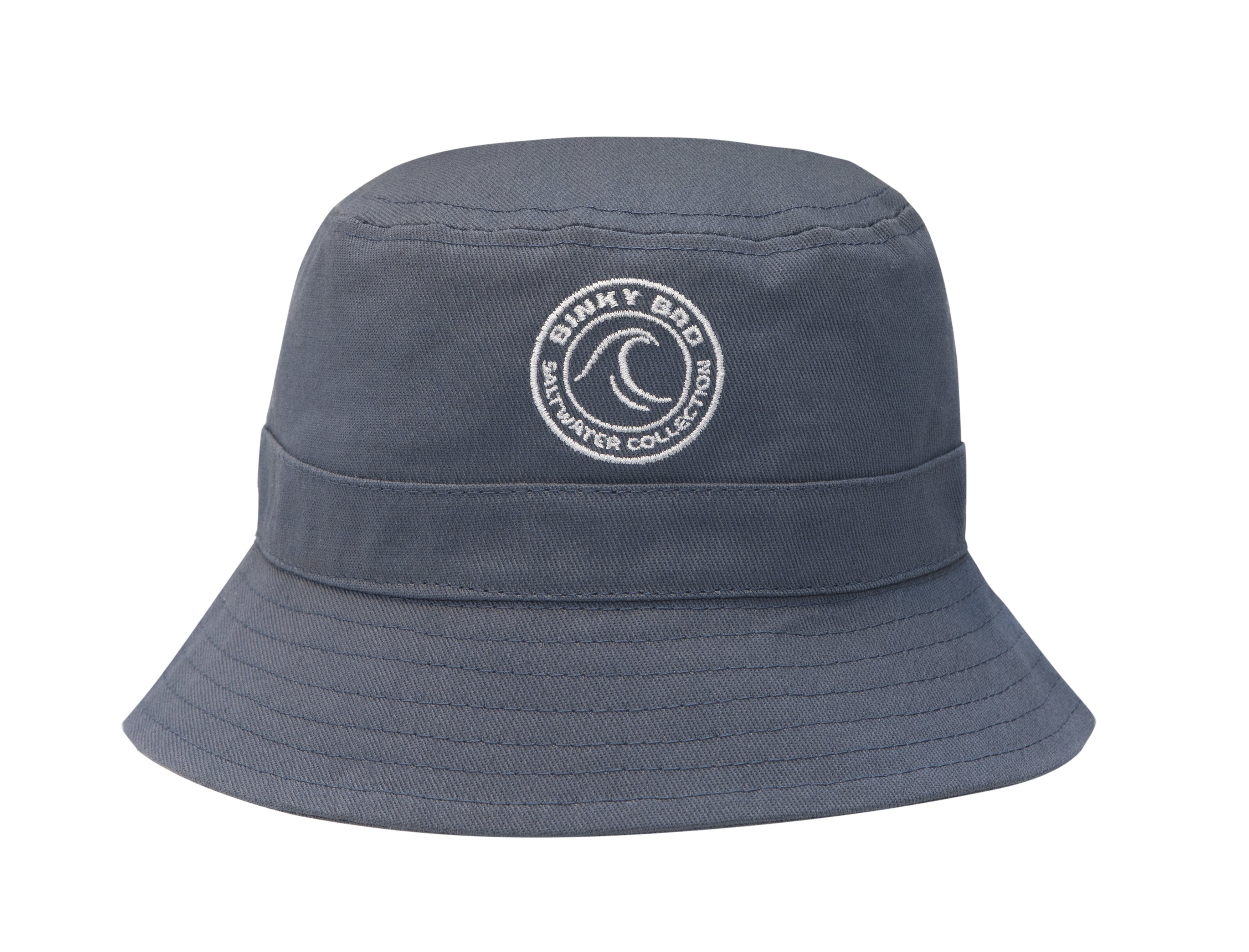 Stylish blue charcoal bucket hat from BinkyBro's Saltwater Collection, perfect for infants and toddlers.