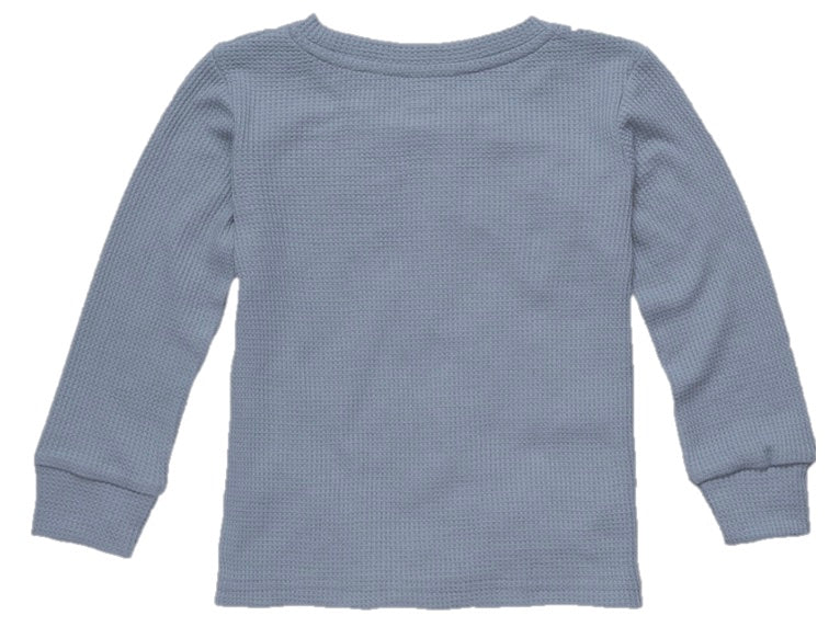 Muted blue long-sleeve shirt with a textured fabric, featuring a crew neckline and cuffed sleeves for kids.