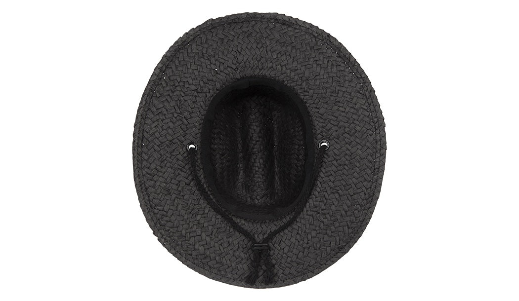 Stylish black straw sun hat with a wide brim and adjustable chin strap, perfect for infants and toddlers.