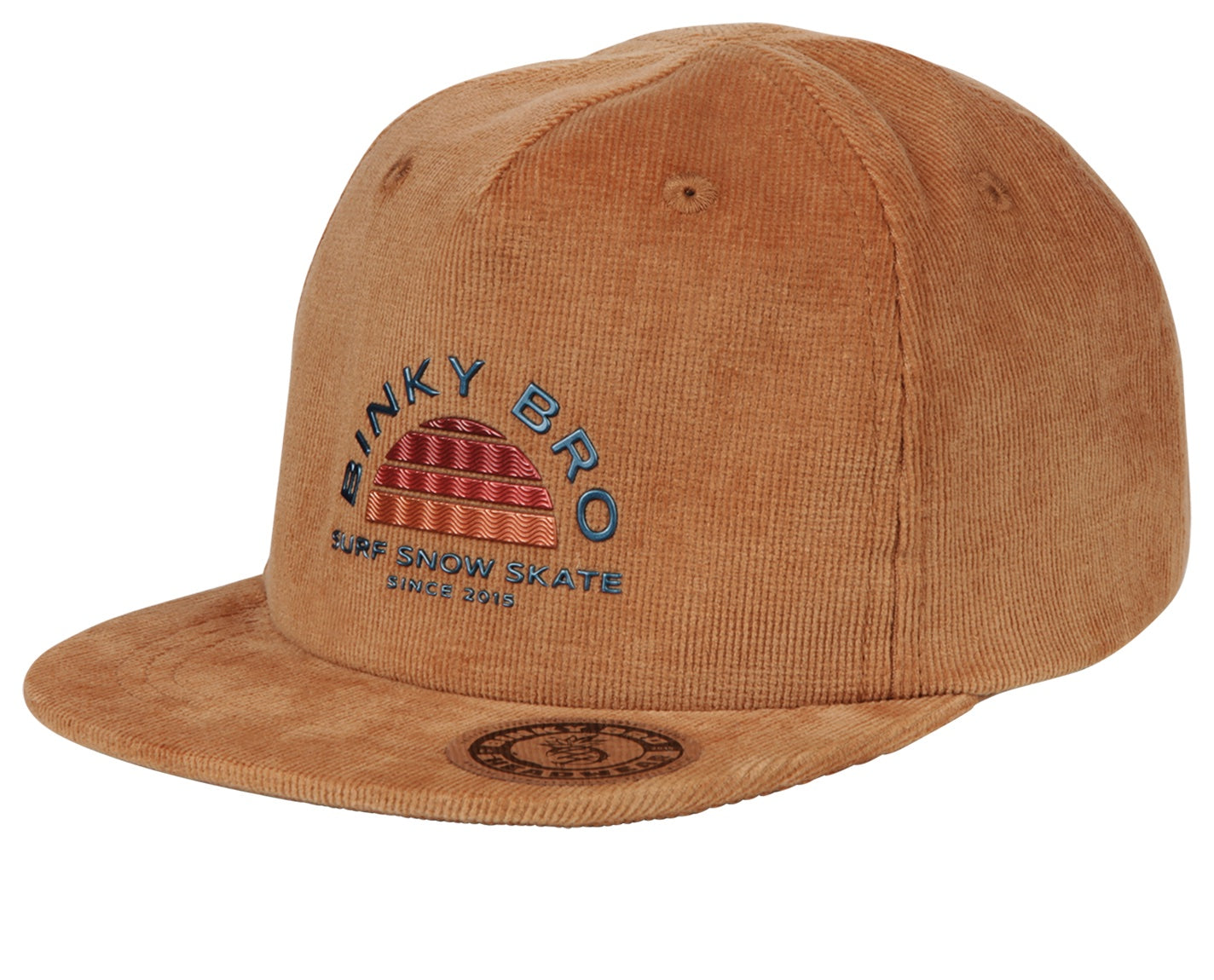 Stylish tan corduroy snapback hat with Binky Bro logo, perfect for infants and toddlers embracing surf-snow-skate culture.