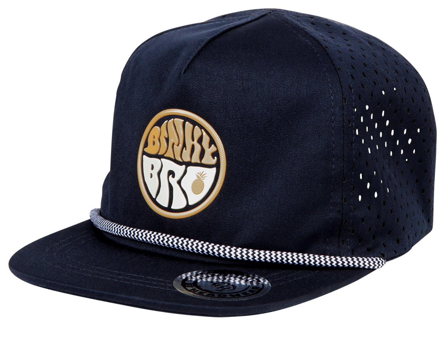 Navy snapback hat with a round logo featuring "BinkyBro" and a pineapple, designed for stylish kids.