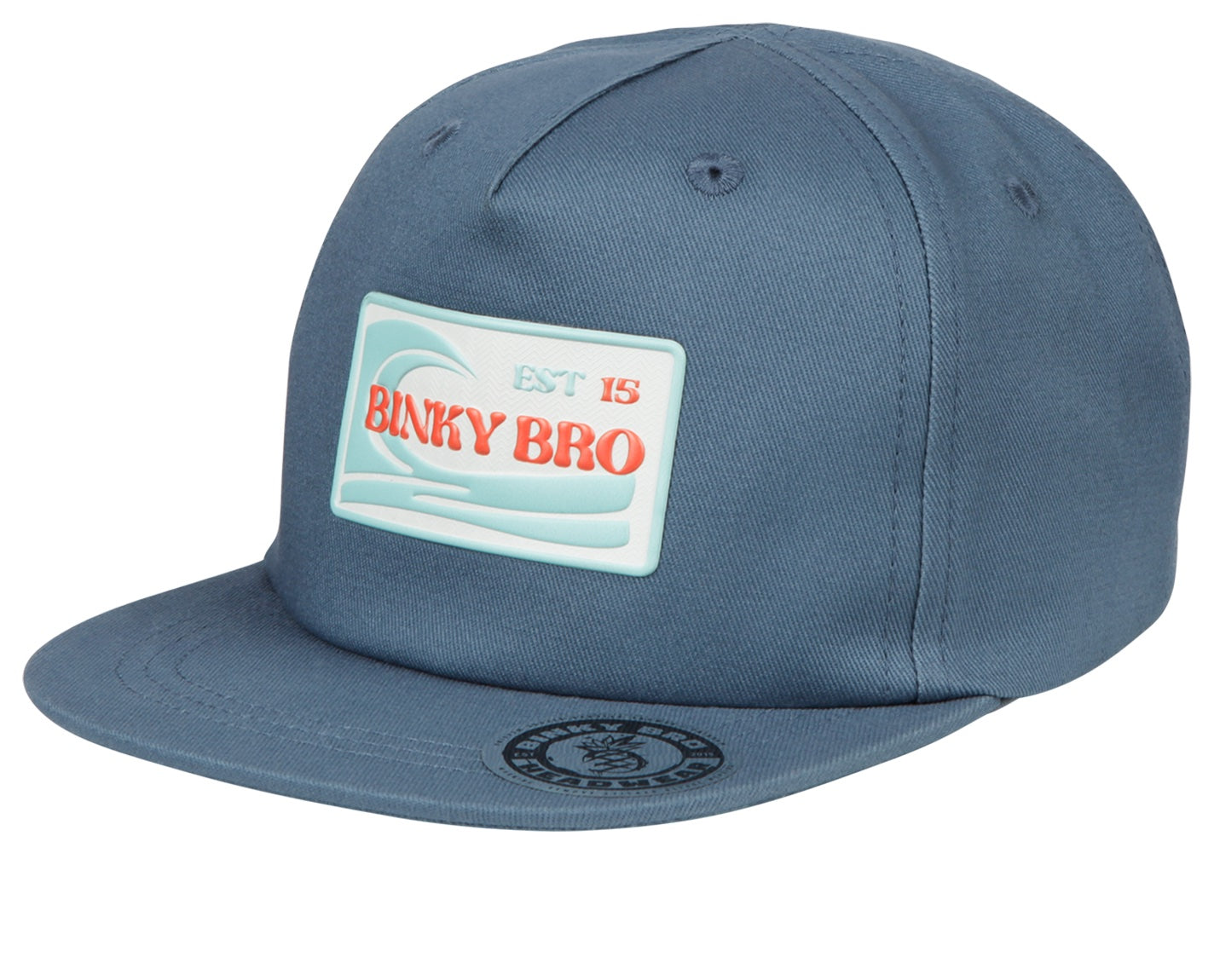 Stylish blue snapback hat featuring a retro Binky Bro logo, perfect for infants and toddlers embracing surf culture.