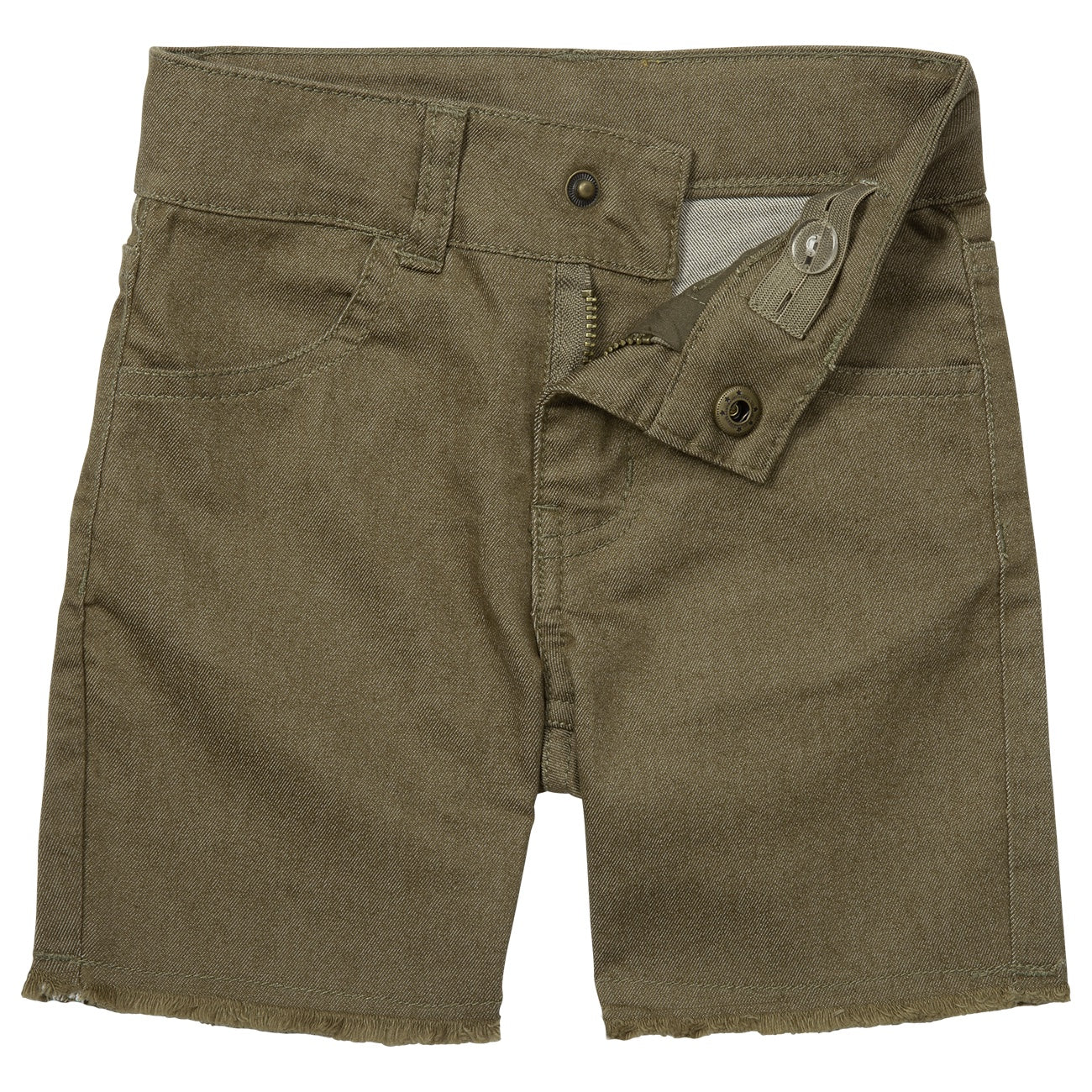 Stylish army green Waco shorts for kids, featuring a classic five-pocket design and frayed hem for a trendy look.