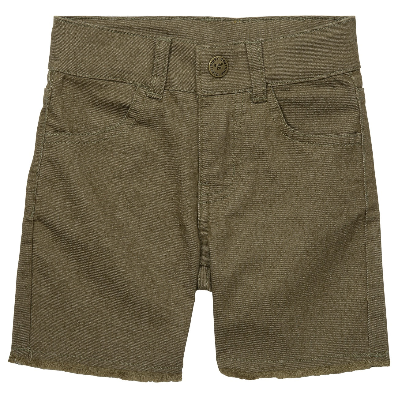 Army green Waco shorts for kids featuring a classic five-pocket design and a frayed hem for a stylish look.